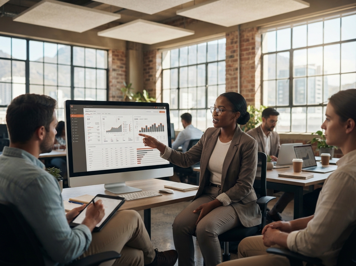 LyganiusisAI team reviewing multi-stream data intelligence dashboards